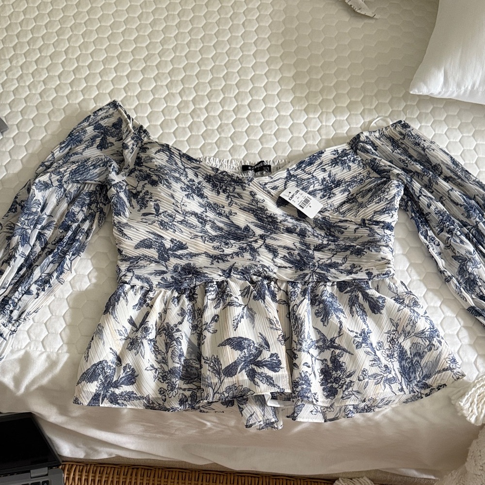 Express Blue Floral Off-Shoulder Blouse